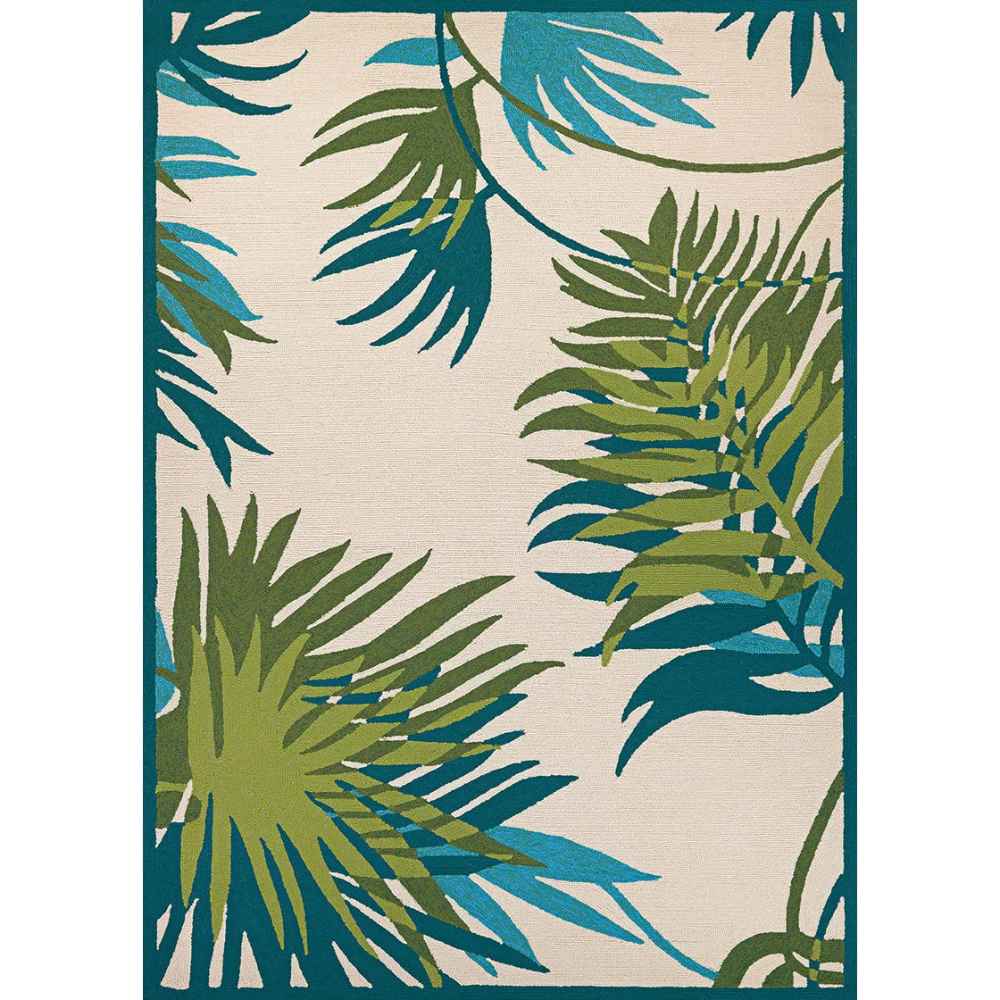 A rectangular Couristan Covington Indoor/Outdoor Rug - Jungle Leaves/Ivory-Forest Green shows full leaf patterns in ocean blues and forest greens