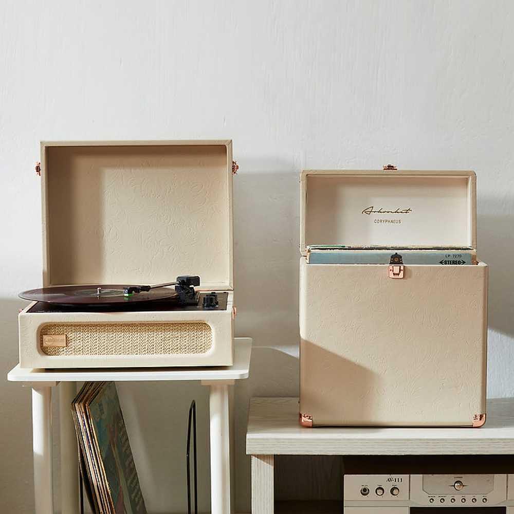Arkrocket Coryphaeus Bluetooth Record Player with Record Storage Case (Flora Engraved) is seen alongside its matching storage case