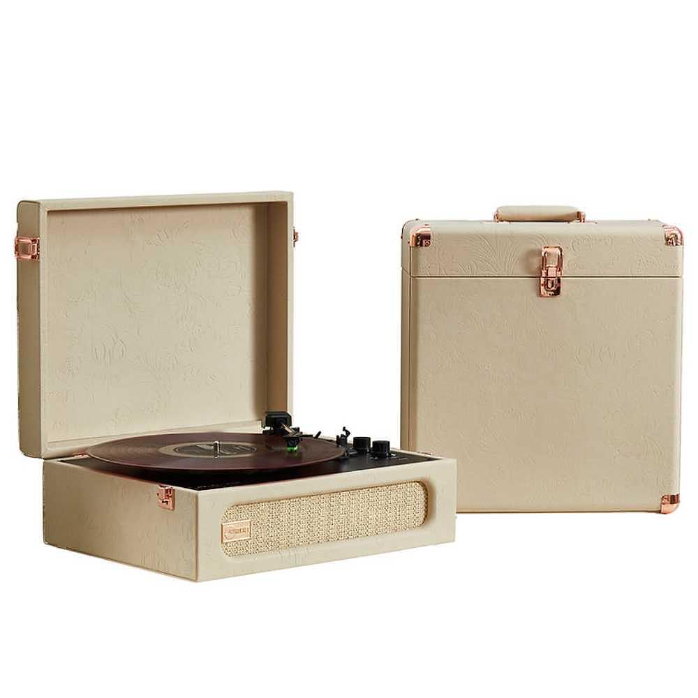 Arkrocket Coryphaeus Bluetooth Record Player with Record Storage Case (Flora Engraved) is seen opened with its storage case by its side