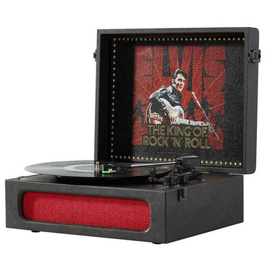 Arkrocket x Elvis Bluetooth Portable Record Player - Elvis Presley '68 is open, displaying Elvis' iconic image with the text The King of Rock 'N' Roll on the lid