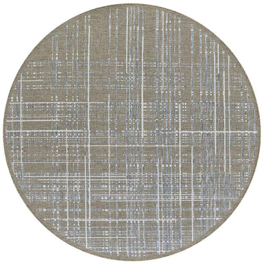 A round Couristan Charm Indoor/Outdoor Rug - Ohe/Sand-Ivory features a soft sand color with intersecting ivory and grey-blue lines forming a grid pattern