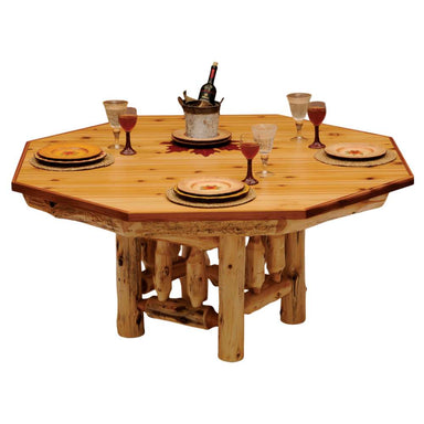 A rustic Fireside Lodge Poker Table Cover for 6-Sided - Natural with a cedar log base and octagonal wooden top, set for dining
