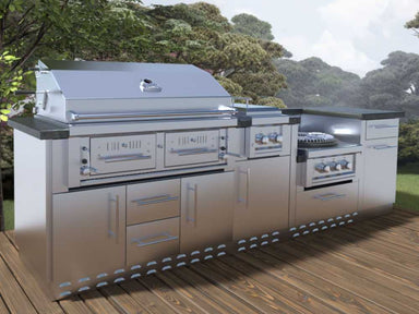 A side-angled view of the Sunstone Dallas 9ft 11in Hybrid Charcoal Gas Grill & Power Burner Island Package highlights its sleek stainless steel build and multiple cooking components