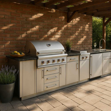 A sleek outdoor kitchen setup under a wooden pergola features the Sunstone Deluxe 10ft Outdoor Grill & Cabinet Island Package with a brick wall backdrop and lush greenery