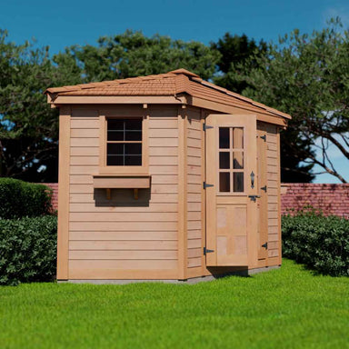 A slightly different angle reveals the Outdoor Living Today 9×9 Penthouse Garden Shed with a side door and framed window