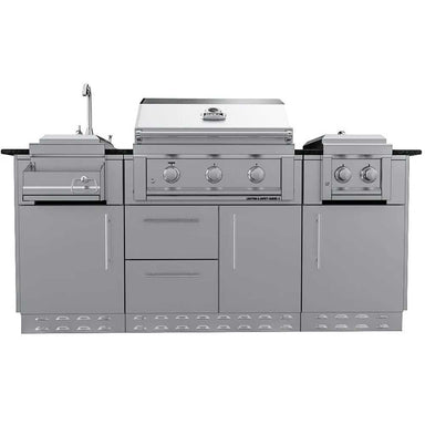 A symmetrical front-facing shot of the Sunstone Caprice 6ft 4in Outdoor Grill & Bar Sink Outdoor Island Package emphasizing the sleek stainless steel design