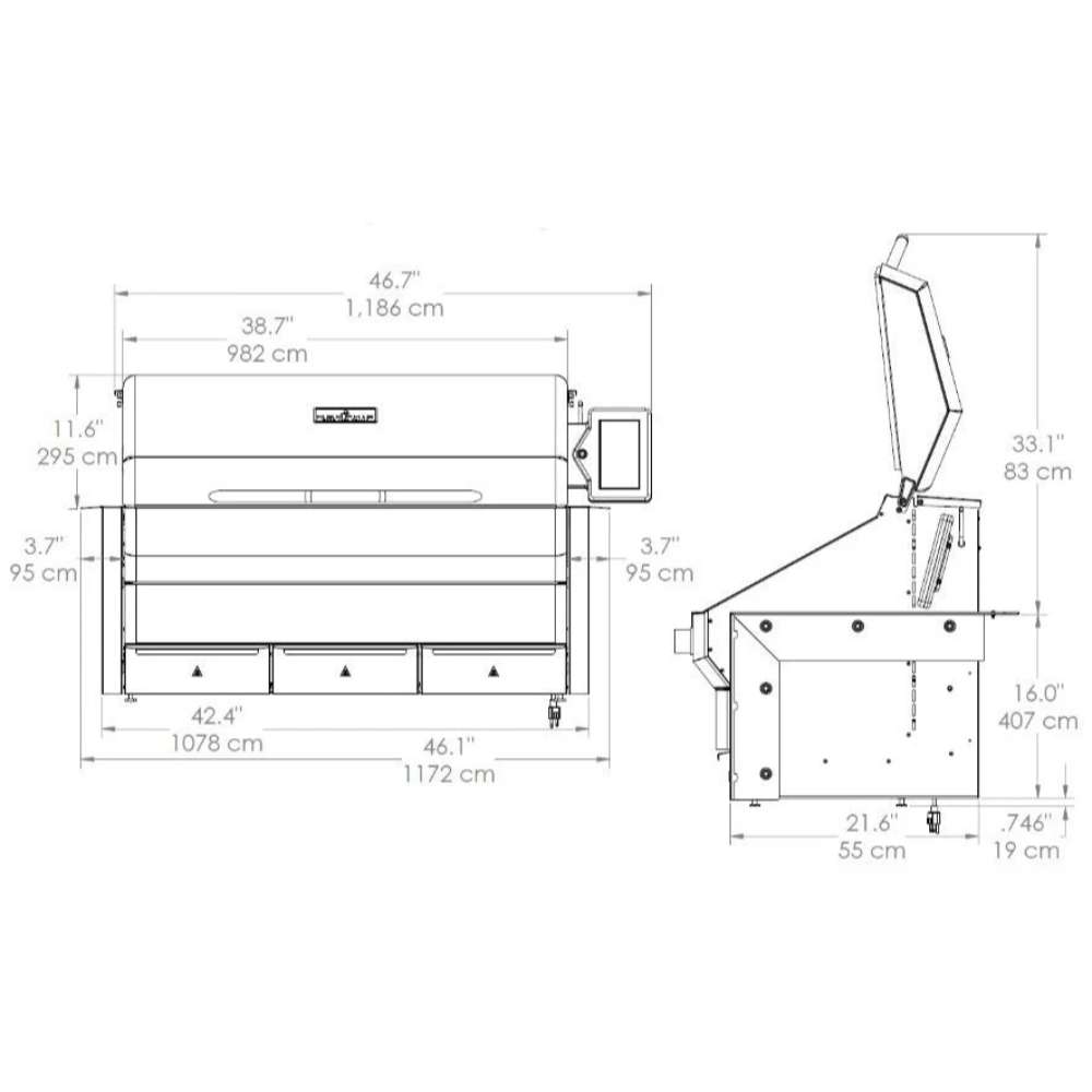 A technical blueprint of the Memphis Grills Elite Built-In ITC3, showing its front and side dimensions with precise measurements in inches and centimeters