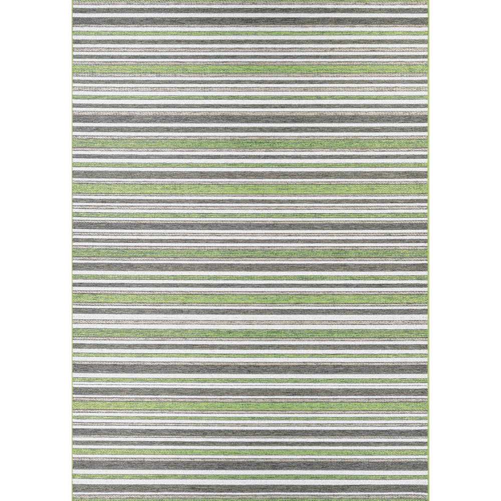 A top-down view highlights the full stripe pattern of the Couristan Cape Indoor/Outdoor Rug - Brockton/Hunter Green-Brown in neutral and green tones