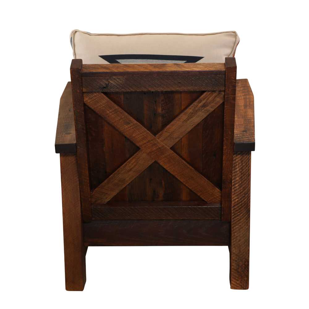 Back view of the Fireside Lodge Barnwood Lounge Chair shows rustic wood with a large crisscross X design and a cushioned backrest