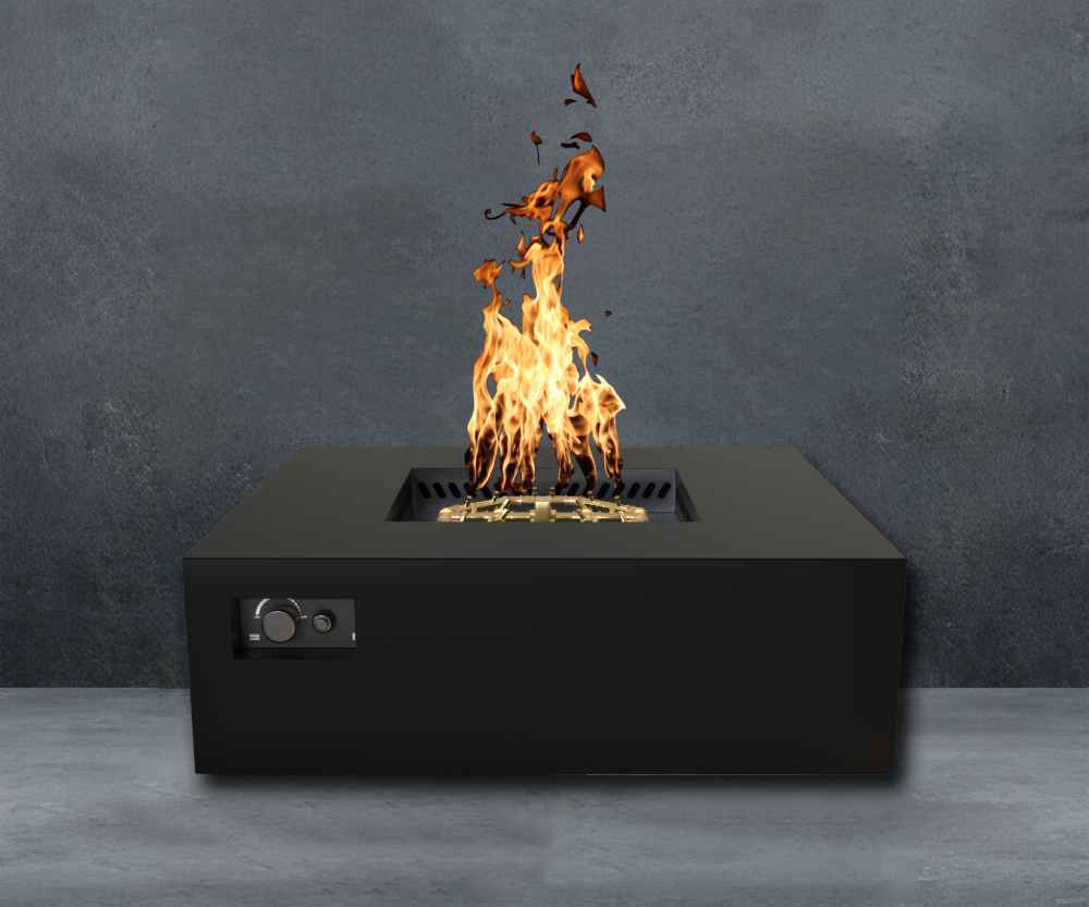Black Warming Trends AON Steel Square Fire Pit Table is lit with bright flames against a dark gray wall background
