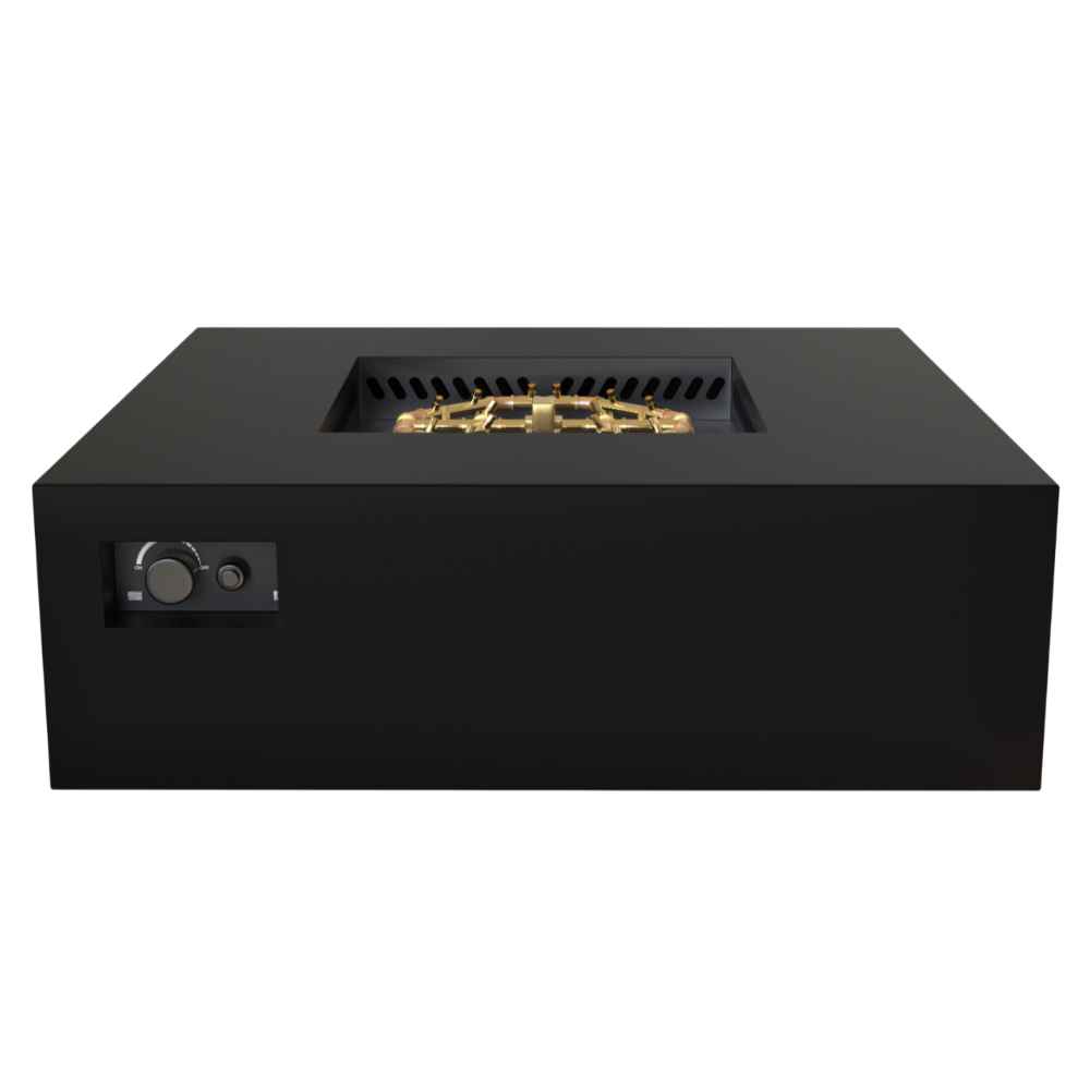 Black Warming Trends AON Steel Square Fire Pit Table is shown with an open center revealing the burner inside