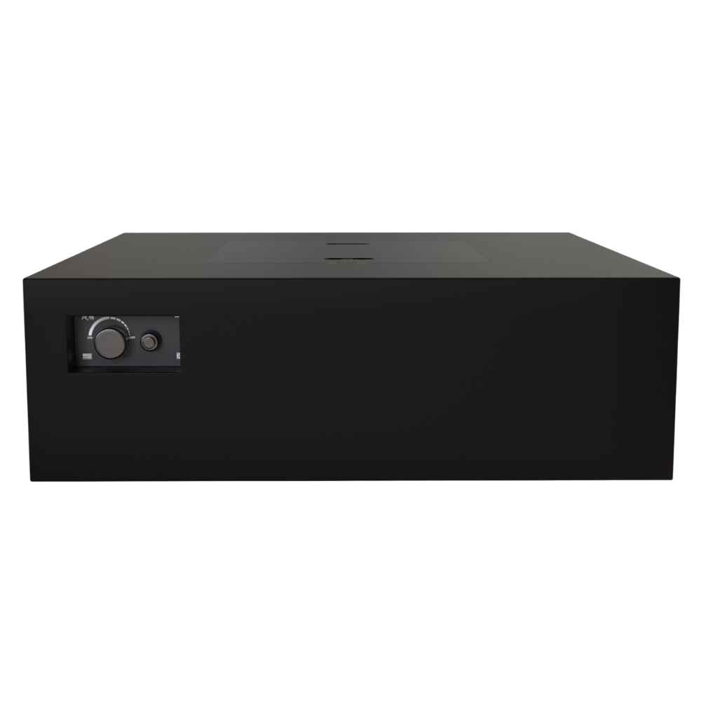 Black Warming Trends AON Steel Square Fire Pit Table shows a minimalist front design with a control panel on the left side