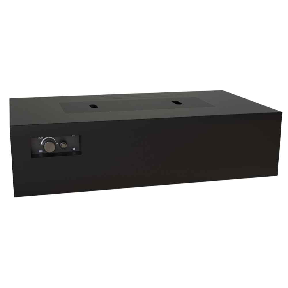 Black Warming Trends AON Steel Rectangular Fire Pit Table features a flat top with handle slots and a recessed control panel