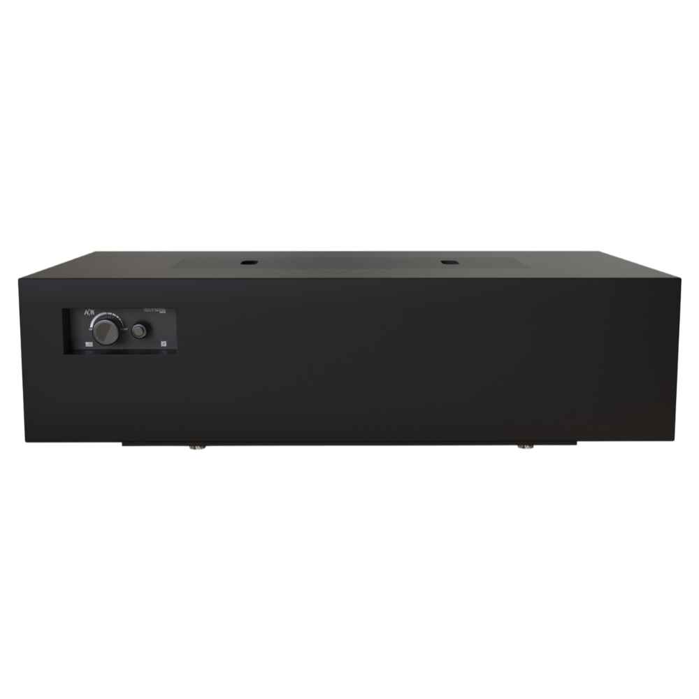 Black Warming Trends AON Steel Rectangular Fire Pit Table is front-facing with a flush top and simple, clean design