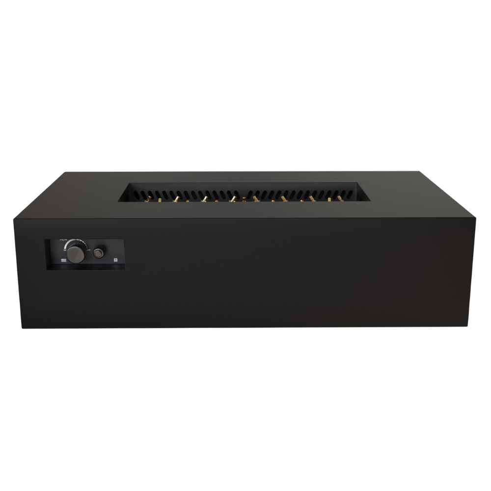 Black Warming Trends AON Steel Rectangular Fire Pit Table is shown with an open burner tray and visible control panel