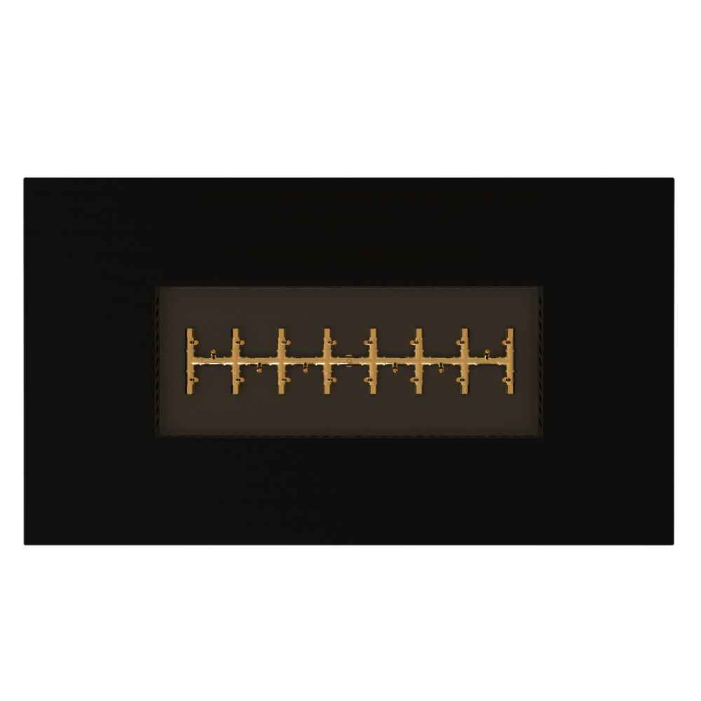 Black Warming Trends AON Steel Rectangular Fire Pit Table shows a top-down view of its long brass burner system in a black steel frame