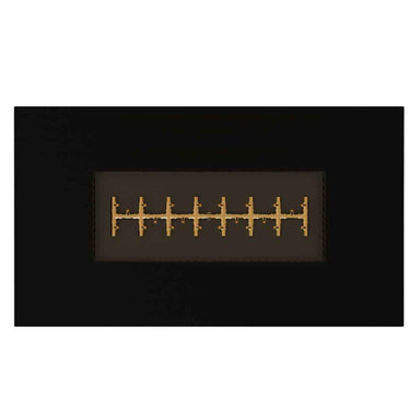 Black Warming Trends AON Steel Rectangular Fire Pit Table shows a top-down view of its long brass burner system in a black steel frame