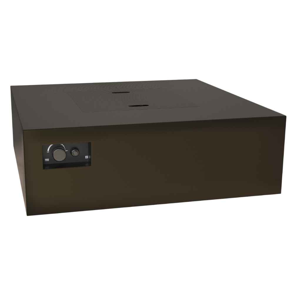 Bronze Warming Trends AON Steel Square Fire Pit Table is shown from a diagonal front angle with its controls on the left panel