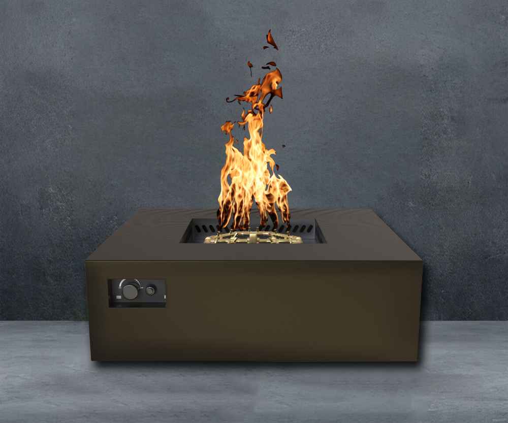 Bronze Warming Trends AON Steel Square Fire Pit Table is shown with strong flames rising, styled against a dark textured wall