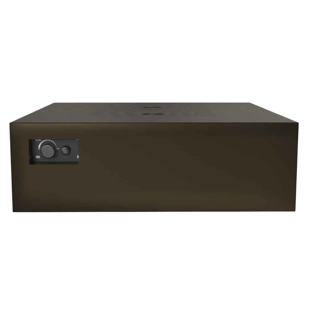 Bronze Warming Trends AON Steel Square Fire Pit Table shows a solid, closed-top view with its recessed control panel visible on the left