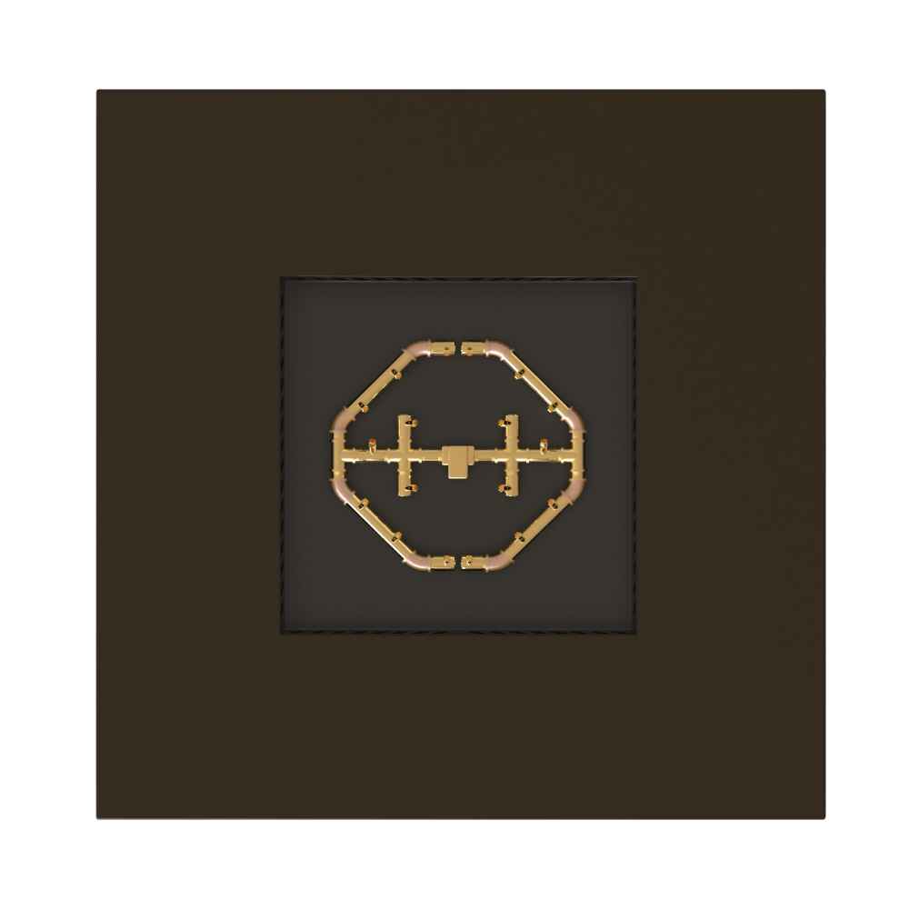 Bronze Warming Trends AON Steel Square Fire Pit Table shows a top-down view with a geometric brass burner pattern