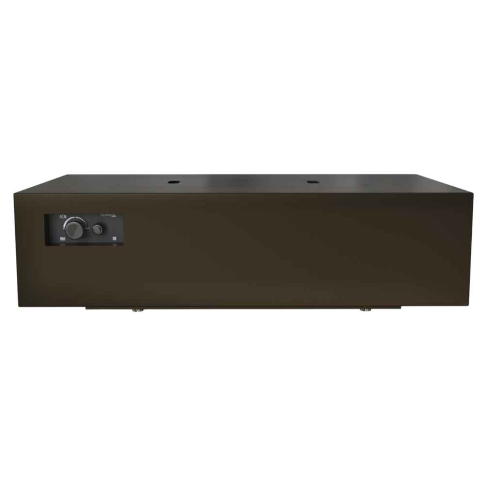 Bronze Warming Trends AON Steel Rectangular Fire Pit Table is shown from the front with a black ignition control panel on the left side