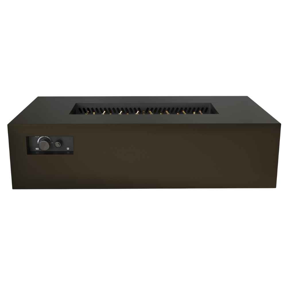 Bronze Warming Trends AON Steel Rectangular Fire Pit Table is shown with an exposed rectangular burner area and a left-side control