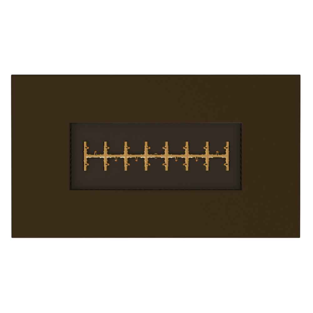 Bronze Warming Trends AON Steel Rectangular Fire Pit Table is viewed from above showcasing its linear brass burner layout