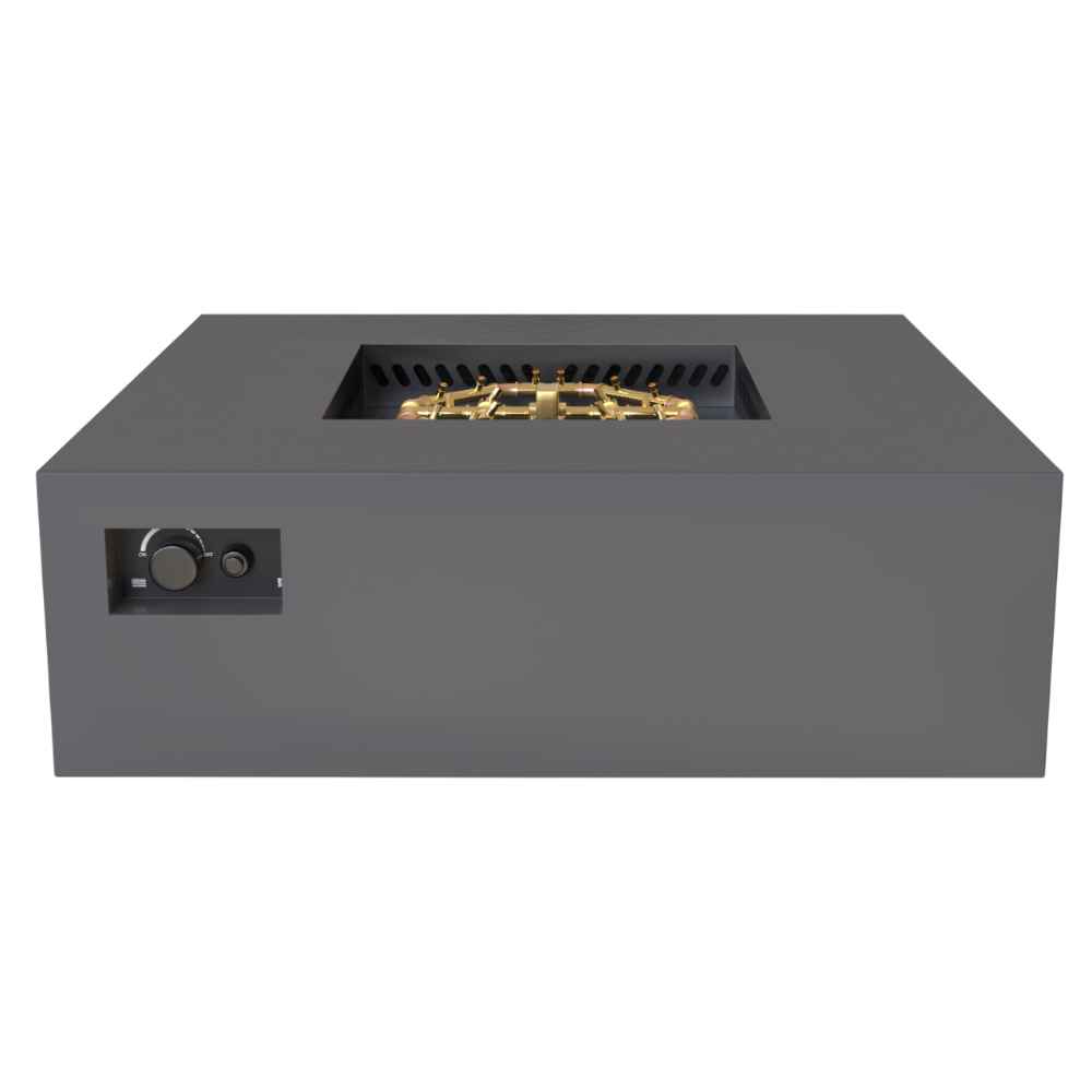 Charcoal Warming Trends AON Steel Square Fire Pit Table displays its open burner area with visible brass components