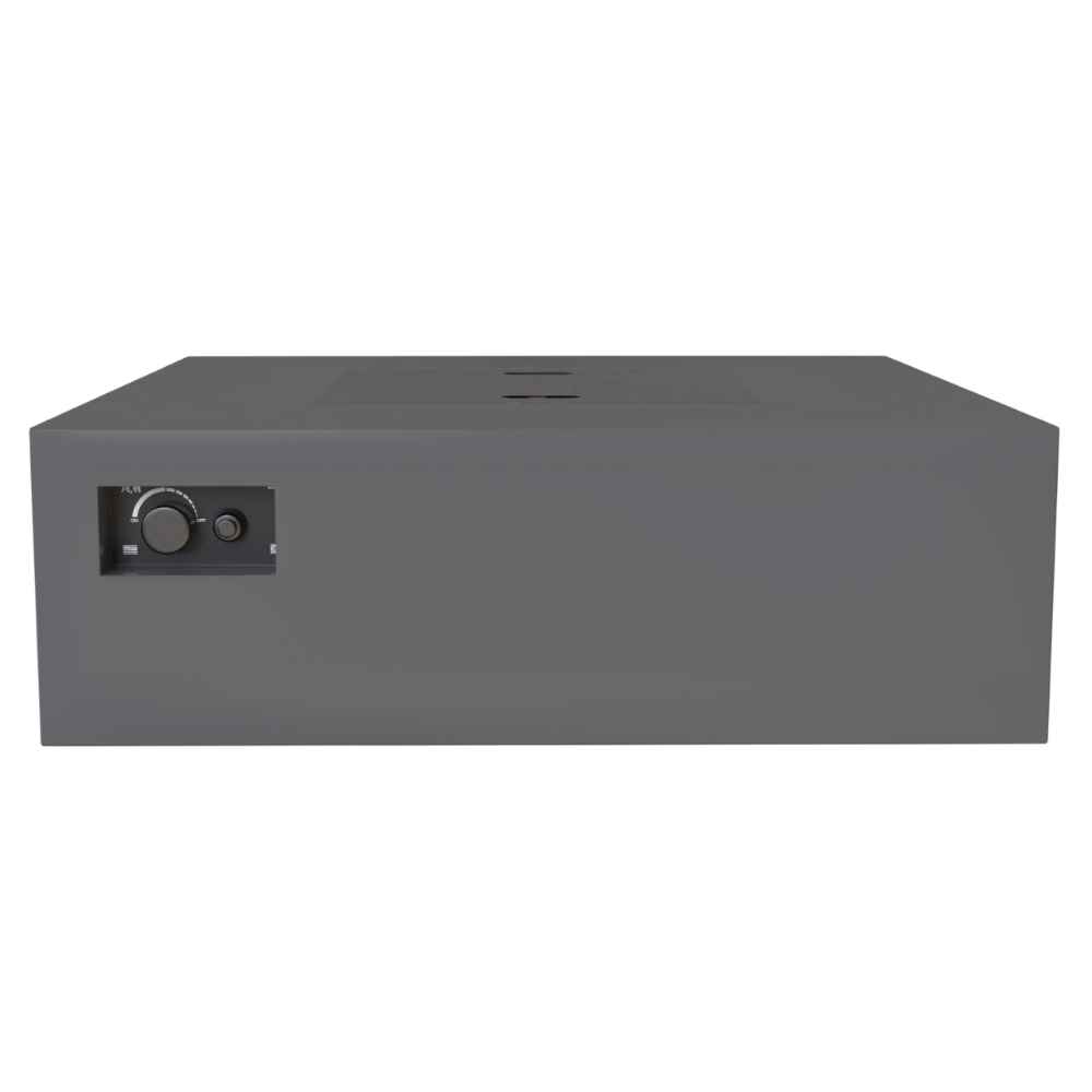 Charcoal Warming Trends AON Steel Square Fire Pit Table is front-facing with a clean, flat top and the control dial on the left
