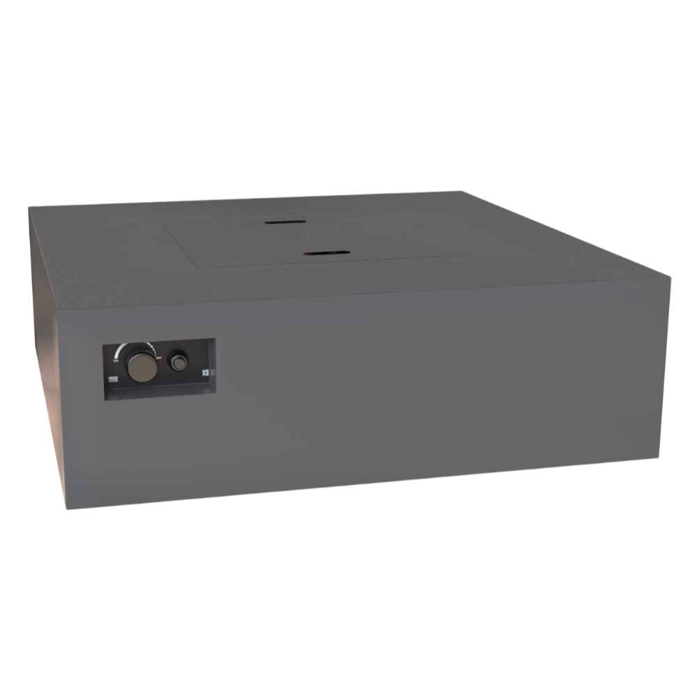Charcoal Warming Trends AON Steel Square Fire Pit Table is shown from a corner angle with its flush cover in place