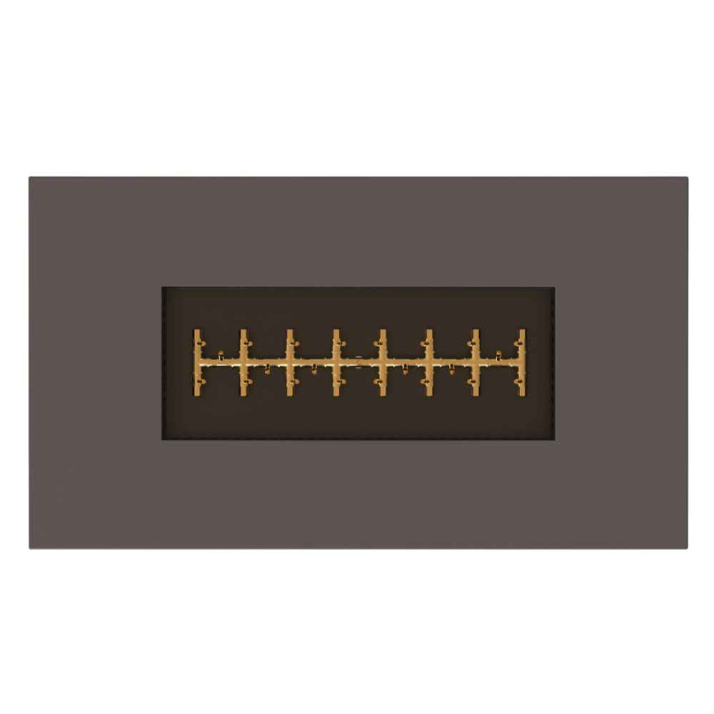 Charcoal Warming Trends AON Steel Rectangular Fire Pit Table reveals its long brass burner system recessed into the center