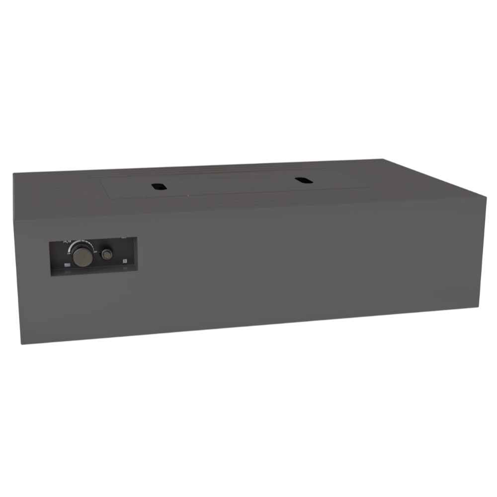 Charcoal Warming Trends AON Steel Rectangular Fire Pit Table shows a sleek metal top with cutouts and a control knob