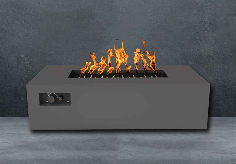 Charcoal Warming Trends AON Steel Rectangular Fire Pit Table with bright flames rising from the center adds a sleek look to a patio scene