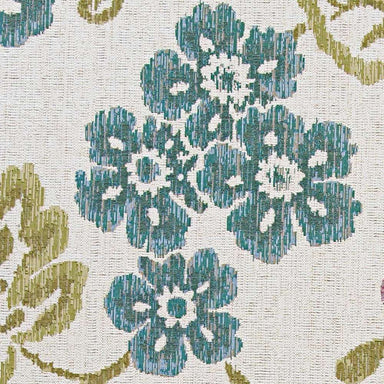 Close-up of Couristan Dolce Indoor/Outdoor Rug - Tivoli/Ivory-Multi displays a cluster of blue flowers with textured detailing on an ivory background