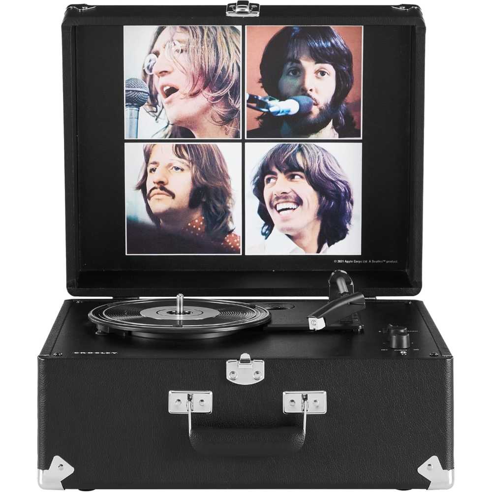 Closed Crosley The Beatles Anthology Portable Bluetooth Turntable - Let It Be displays its Let It Be silhouette artwork and protective corners