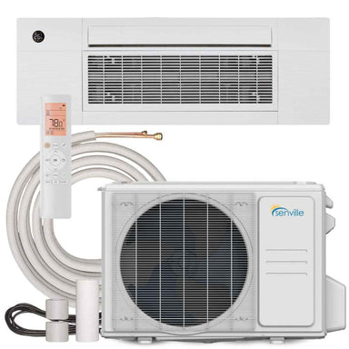 Complete indoor and outdoor unit setup, tubing, and remote for Senville 12000 BTU 1-Way Cassette Air Conditioner - Heat Pump - SENA-12HF-1WC