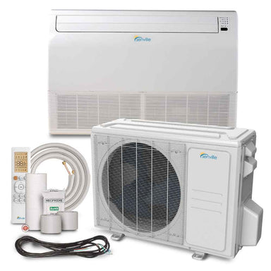 Complete setup of the Senville 24000 BTU Floor Mounted Mini Split Air Conditioner - Heat Pump - SENA24HFIF with indoor unit, outdoor unit, remote control, and installation accessories