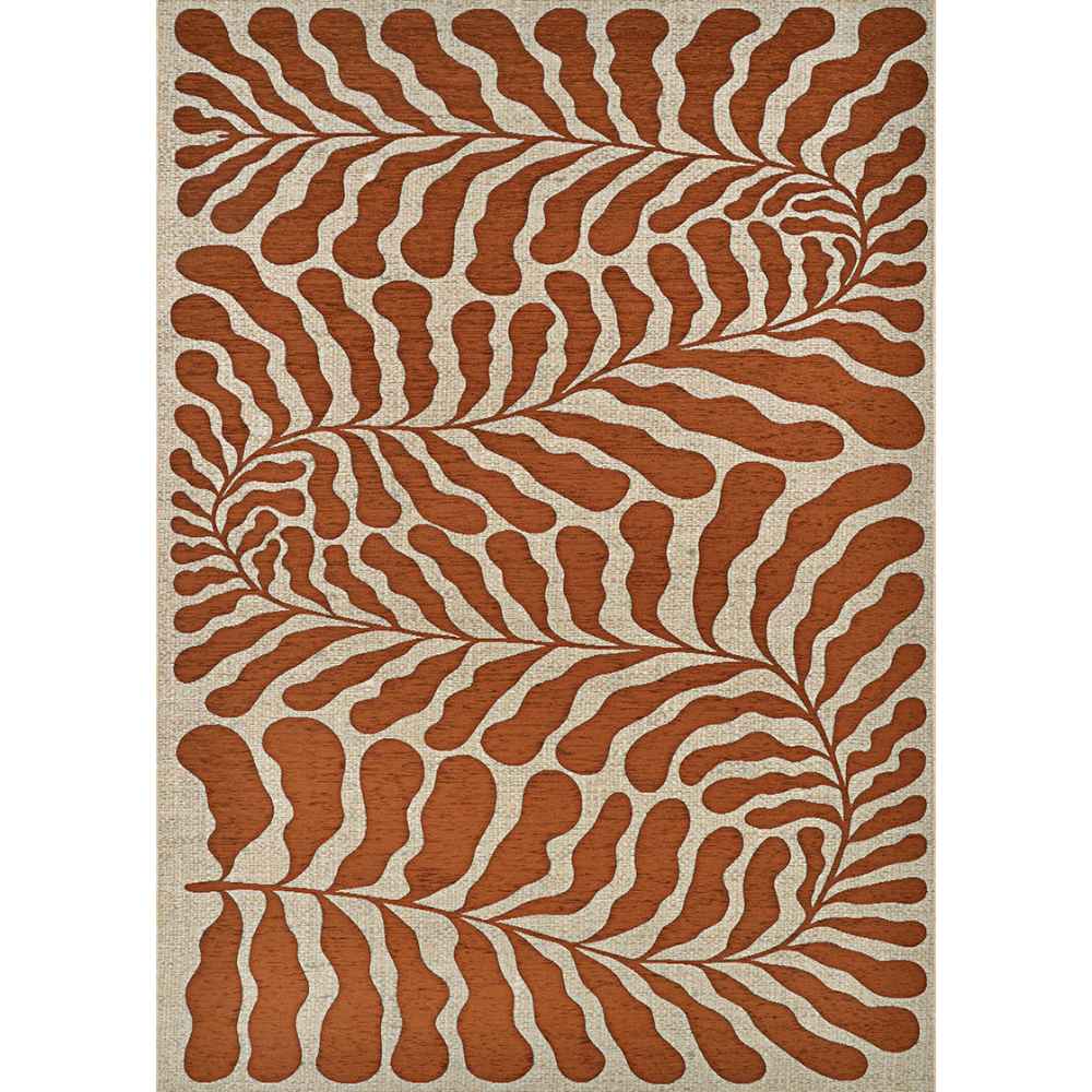 Couristan Castille Indoor/Outdoor Rug - Fiore/Terra-Cotta is fully displayed from above, revealing its bold, plant-like motif in a repeating terracotta and beige pattern