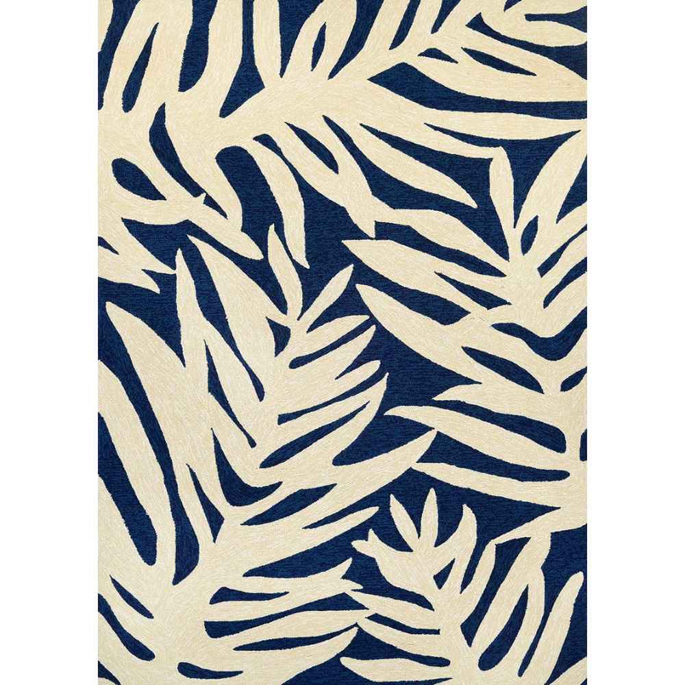 Couristan Covington Indoor/Outdoor Rug - Palms/Navy is displayed flat, showing its rectangular shape and leafy navy-on-ivory design