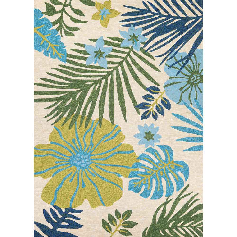 Couristan Covington Indoor/Outdoor Rug - Summer Laelia/Ivory-Fern showcases a full tropical scene with large floral motifs and leafy designs in blue, green, and yellow