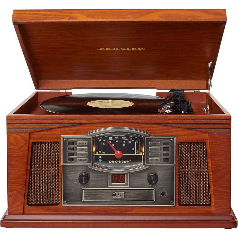 Crosley Lancaster Entertainment Center - Paprika is shown playing a vinyl record with its wooden lid open, highlighting the vintage design and multifunctional panel