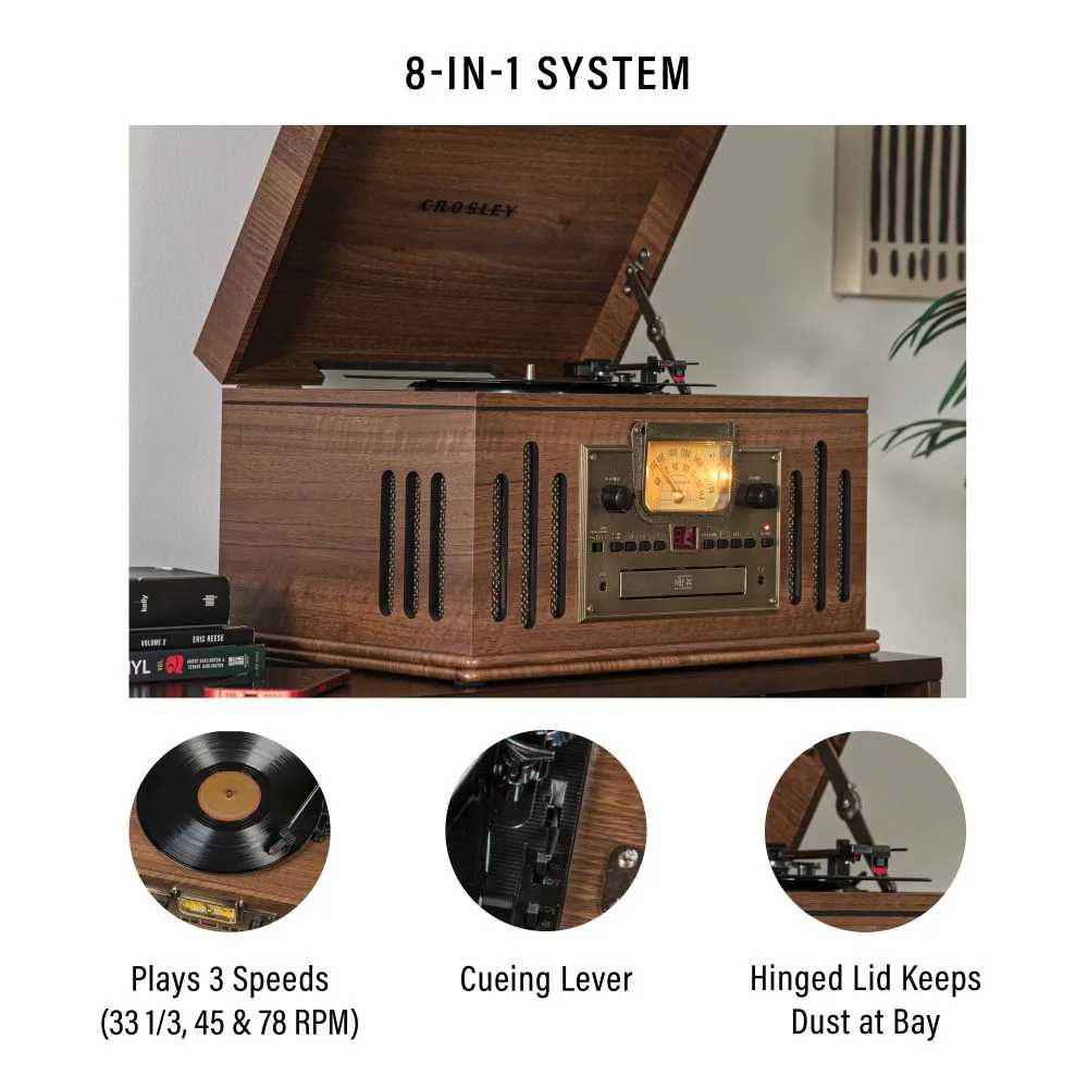 Crosley Musician Entertainment Center - Walnut is an 8-in-1 system featuring a vintage-inspired wooden design with a turntable, radio, CD, cassette player, and Bluetooth streaming