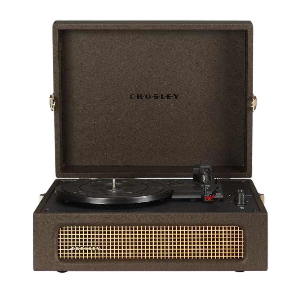 Crosley Voyager Portable Turntable with Bluetooth Out - Cocoa is open, displaying its vintage design with built-in front-facing speakers and a functional layout