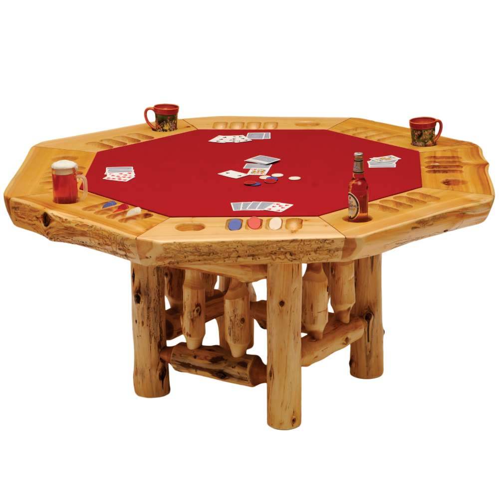 Fireside Lodge 8-Sided Poker Table with Log Framework Base in Natural Armor is a rustic wood poker table with red felt, cup holders, and a log-style base