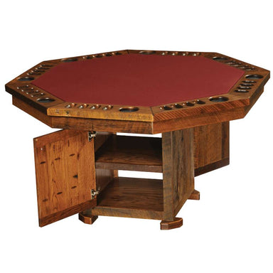 Fireside Lodge 8-Sided Poker Table with storage base is a rustic wooden octagonal table with a red felt playing surface, built-in cup holders, and a hidden storage compartment in the base