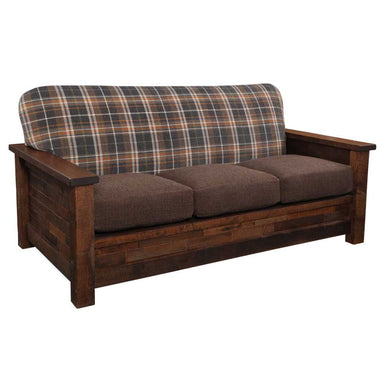 Fireside Lodge Barnwood Americana Sofa is a rustic three-seater with brown cushions and a plaid backrest, framed in reclaimed wood