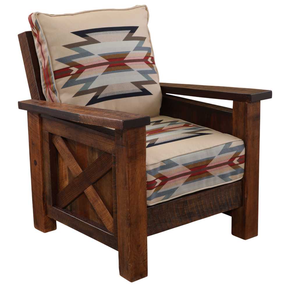 Fireside Lodge Barnwood Lounge Chair is shown with a beige and multicolored geometric fabric that adds bold contrast to the rustic wood frame