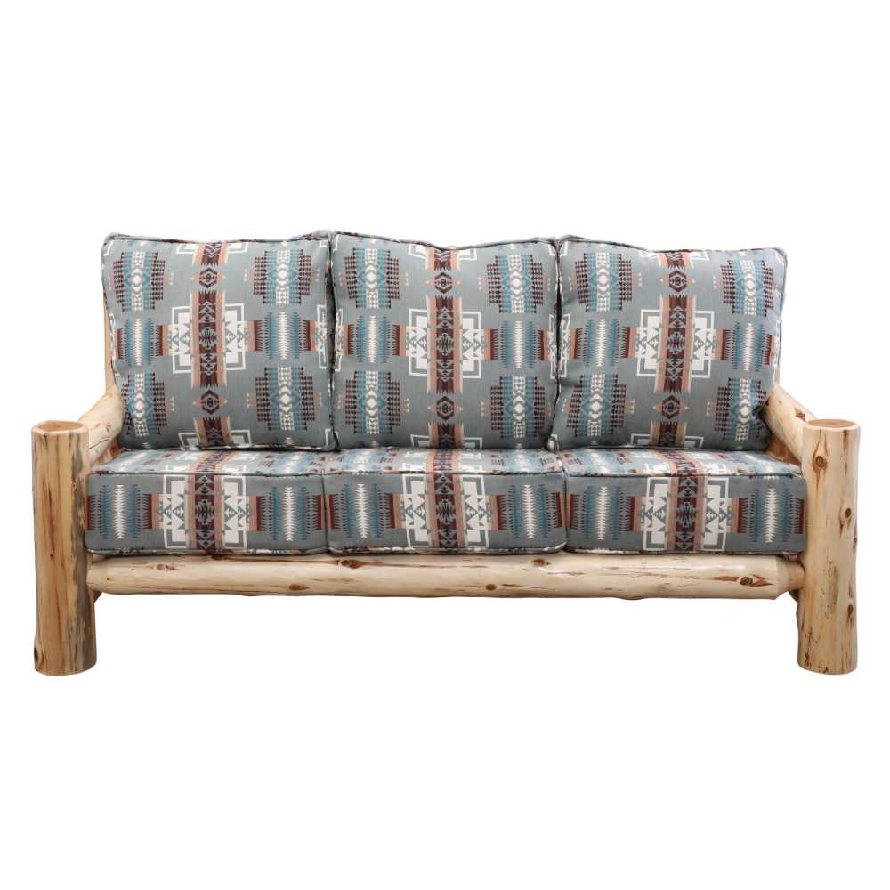Fireside Lodge Cedar Log Sofa fully assembled with thick, Southwestern-patterned cushions in earthy tones for a cozy, rustic look