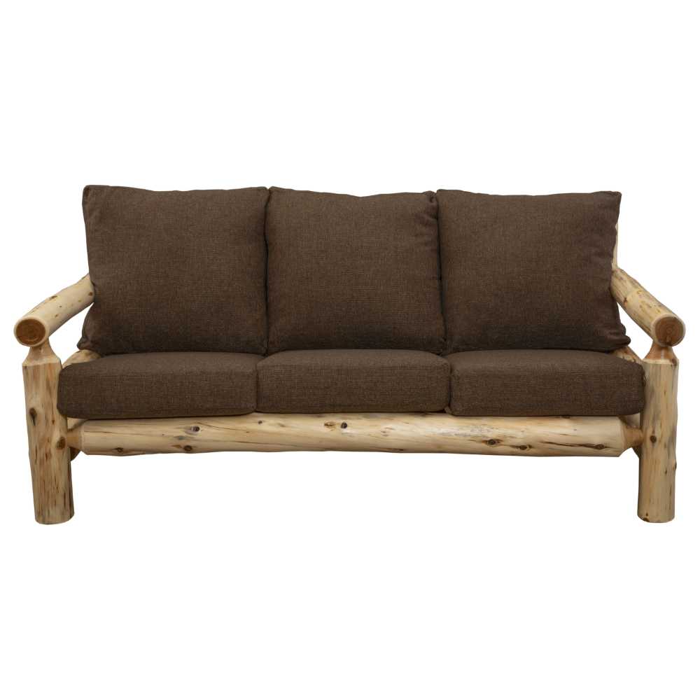 Fireside Lodge Voyageur Sofa features thick, rustic log arms and frame with three plush brown cushions